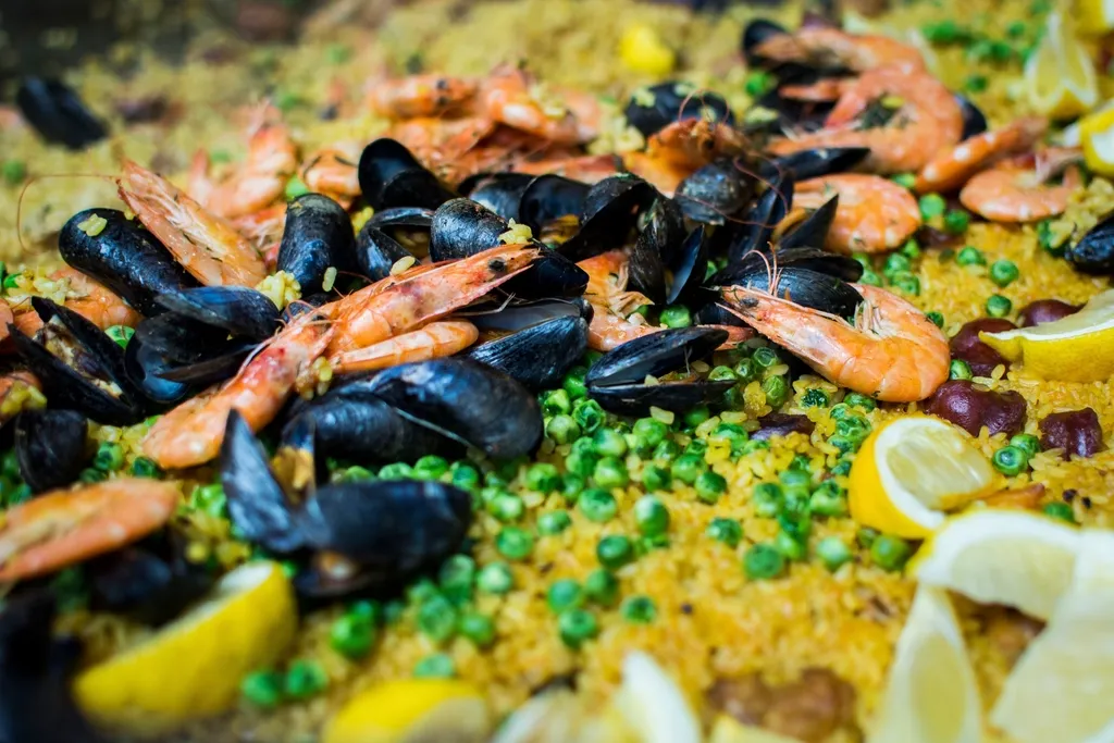 A pan of seafood paella